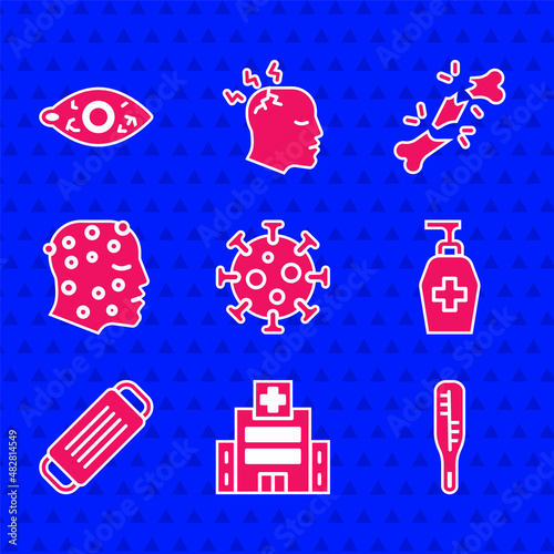 Set Virus, Medical hospital building, thermometer, Liquid antibacterial soap, protective mask, Psoriasis or eczema rash, Human broken bone and Reddish eye icon. Vector