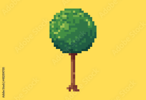 Illustration of a round green tree in pixel art style