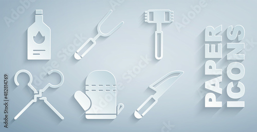 Set Oven glove, Kitchen hammer, BBQ skewers, Knife, Barbecue fork and Tabasco sauce icon. Vector