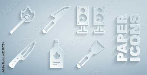 Set Tabasco sauce, Stereo speaker, Meat chopper, Spatula, Knife and Burning match with fire icon. Vector
