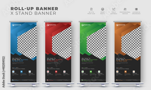 Corporate business roll up or display exhibition standee pull up banner with abstract style design template