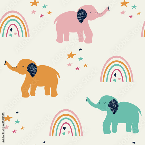 Cute elephants seamless pattern. Hand drawn simple children background with a small elephant, rainbow and stars. Cartoon vector print with animals.
