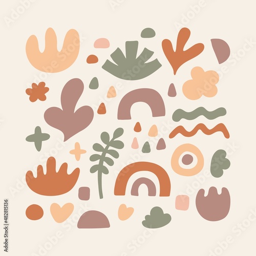 Vector Organic Doodle Shapes Set. Simple abstract natural freehand colorful elements. Botanical nature objects. Leaves, flowers, branch icons for design, social media, sticker