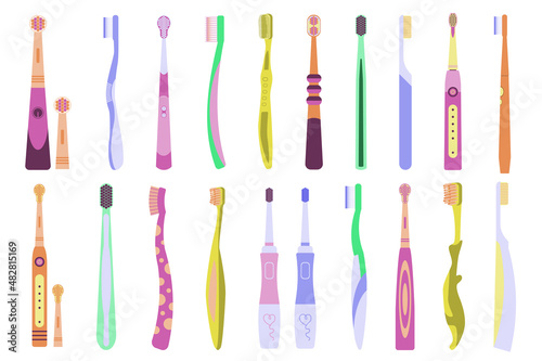 Toothbrushes concept collection in flat cartoon design. Different types and colors of toothbrushes set isolated elements. Cleaning tools for mouth. Dental hygiene and oral care. Vector illustration