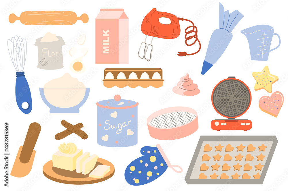Homemade bakery collection in flat cartoon design. Kitchen utensils and ingredients for making desserts. Rolling pin, flour, milk, whisk, eggs and other set isolated elements. Vector illustration Homemade bakery collection in flat cartoon design. Kitchen utensils and ingredients for making desserts. Rolling pin, flour, milk, whisk, eggs and other set isolated elements. Vector illustration