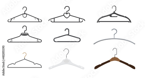 Set of hangers different form on white background. Vector plastic, metal and wood hangers in cartoon style.