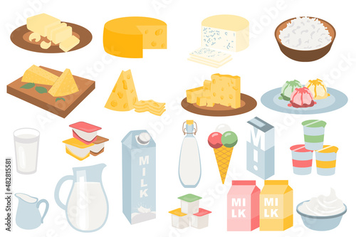 Milk products set in flat cartoon design. Different types of cheeses, cottage cheese in bowl, milk in jug or glass, yoghurts in containers, ice cream, desserts, various packaging. Vector illustration