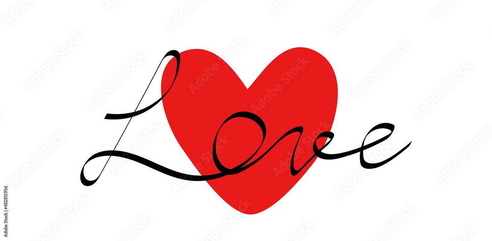 Art line continuous Love black typographic calligraphic lettering and red heart icon isolated on white background. Love symbol, Valentine's Day design vector illustration.