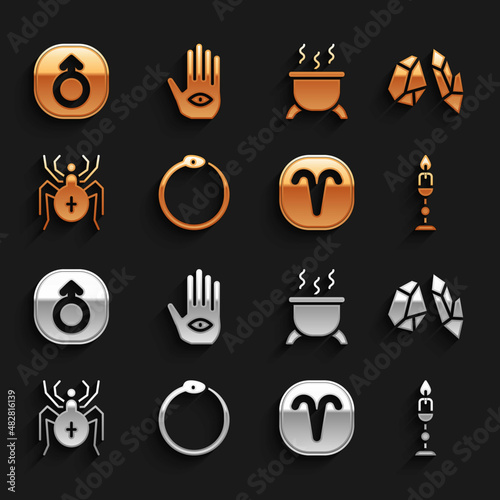 Set Ouroboros, Magic stone, Burning candle, Aries zodiac, Spider, Witch cauldron, Mars and Hamsa hand icon. Vector