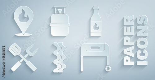 Set Bacon stripe, Tabasco sauce, Crossed fork and spatula, Barbecue grill, Propane gas tank and Location with fire flame icon. Vector