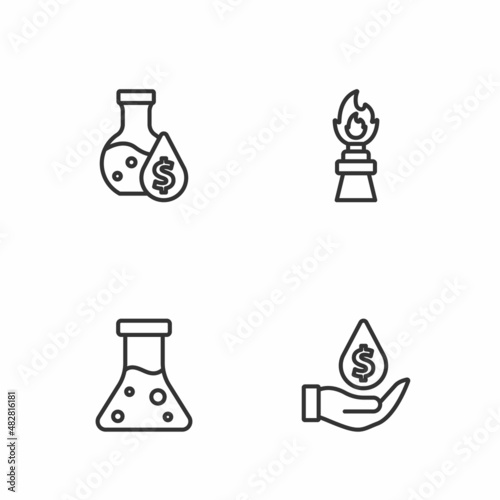 Set line Oil drop with dollar symbol  petrol test tube  and rig fire icon. Vector