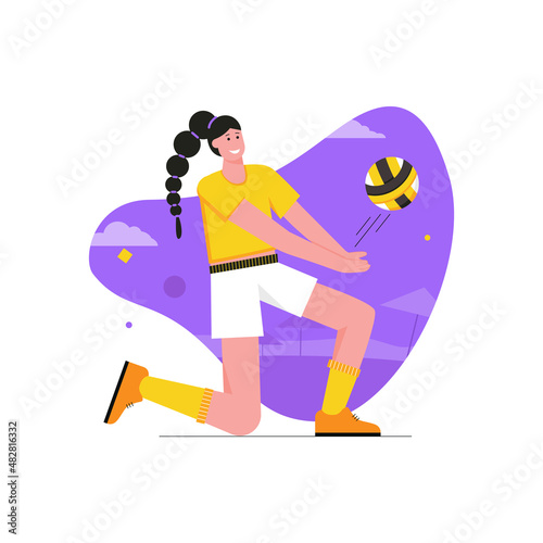 Athlete doing sports activities modern flat concept. Happy woman in uniform hitting ball and playing volleyball. Training and competition. Vector illustration with people scene for web banner design