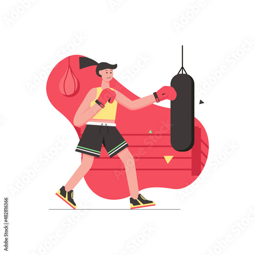 Athlete doing sports activities modern flat concept. Young woman in uniform and gloves is boxing in gym. Box and kickboxing training. Vector illustration with people scene for web banner design