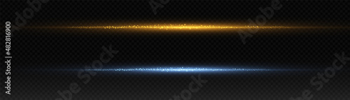 A set of yellow horizontal highlights. Laser beams, horizontal beams of light. Beautiful lighting effects. Glowing stripes on a black background.