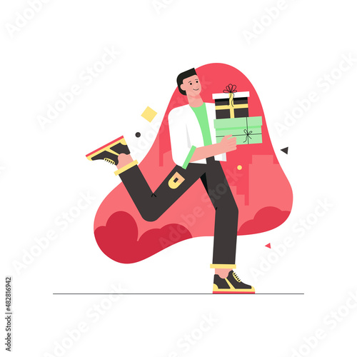 Valentines day celebration modern flat concept. Loving man holding gift boxes. Boyfriend giving or receiving presents on romantic holiday. Vector illustration with people scene for web banner design