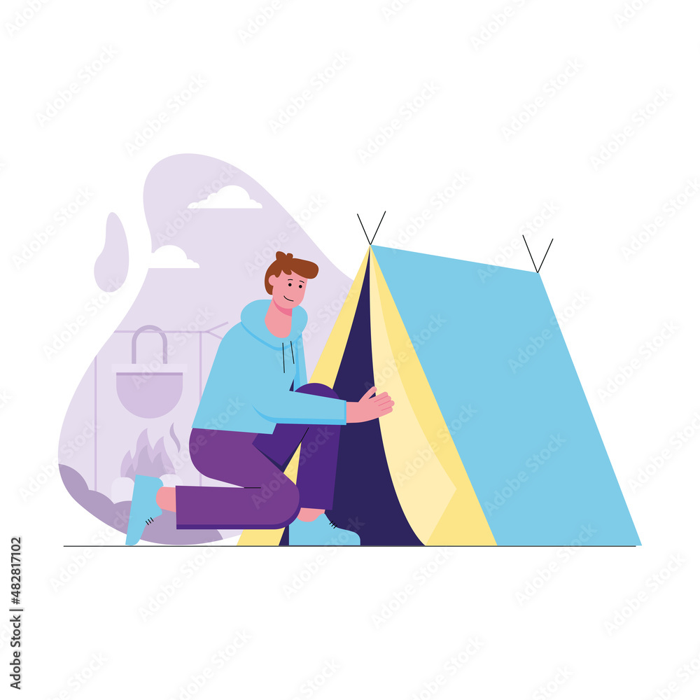 Camping and hiking activities modern flat concept. Man tourist resting with tent in campground in nature. Backpacking and trekking trip. Vector illustration with people scene for web banner design Camping and hiking activities modern flat concept. Man tourist resting with tent in campground in nature. Backpacking and trekking trip. Vector illustration with people scene for web banner design