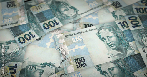 Brazil Real, Reai pile of money 3d illustration. BRL banknotes background concept of finance, economy crisis, inflation and business.
