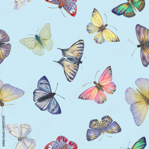 Seamless pattern with butterflies, watercolor illustration. seamless botanical pattern. Template design for, textile, interior, clothing, wallpaper, wrapping paper, packaging, print. © Sergei