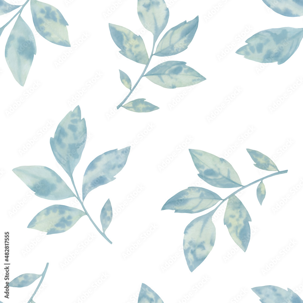 Leaves seamless watercolor pattern. Prints of abstract branches with leaves repeating seamless pattern. Digital hand drawn picture with watercolor texture. endless motif for textile decor and design
