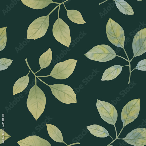 Seamless botanical pattern of green leaves. Watercolor leaves for design  wallpaper  print. Ornament of delicate green leaves.