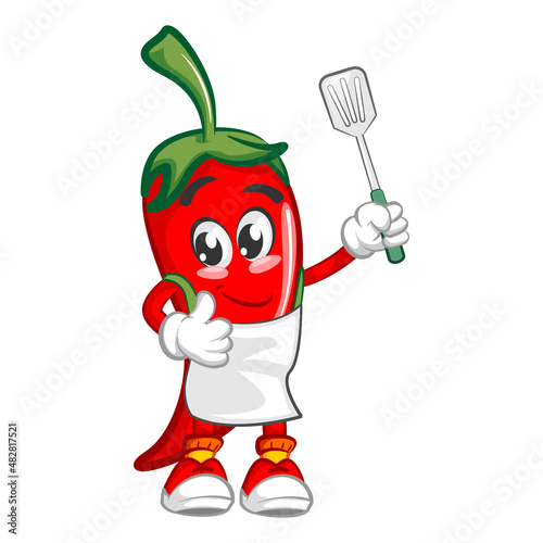 vector mascot character illustration of cute chili chef brandishing his spatula