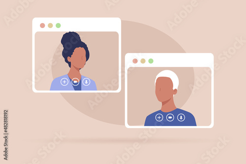 Video call conference, working from home, social distancing, business discussion. Men and woman are working remotely from home with colleagues and friends in window frames. Vector illustration