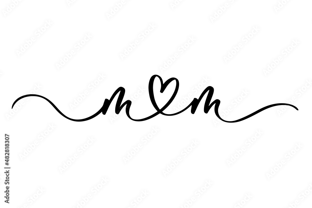 Mom. Mothers day greeting. Continuous lettering line script cursive inscription for poster, banner, gift card, t shirt print, label, badge. Mom. Mothers day greeting. Continuous lettering line script cursive inscription for poster, banner, gift card, t shirt print, label, badge.