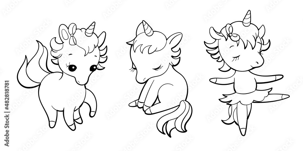 Obraz premium Set of cute unicorns in kawaii style. Cartoon pony sticker design. Vector emoji.