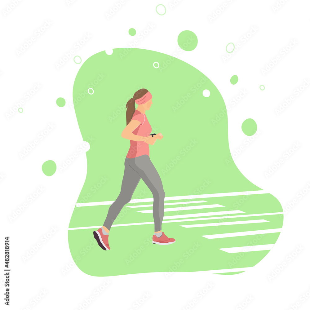 Vector illustration of a girl running, healthy lifestyle, proper nutrition, fitness, sports. Poster, flyer, banner. Vector illustration of a girl running, healthy lifestyle, proper nutrition, fitness, sports. Poster, flyer, banner.