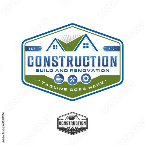 Construction logo emblem template isolated, roof, bricks, exposed walls, architecture logo silhouette, property, windows