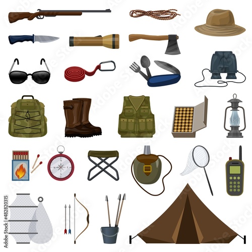 Hunting equipment icons set cartoon vector. Fishing camping