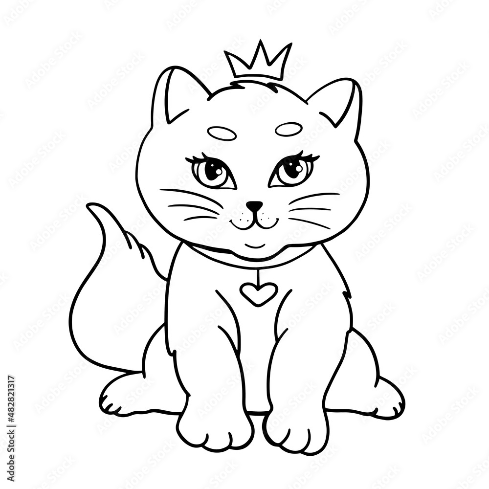 Cute kitty. Princess with a crown. Illustration for children's coloring, clothes, utensils, postcards, notebooks, notebooks, backpacks. Black and white illustration isolated on white background.