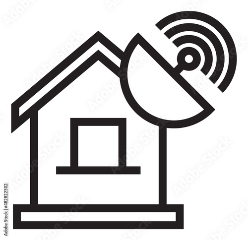 Home antenna icon. . Satellite dish on house roof. Tv receiver