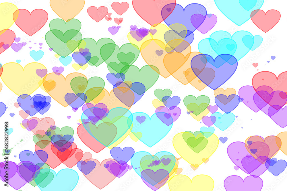 Abstract background - a bokeh of multicolored hearts on a white background.