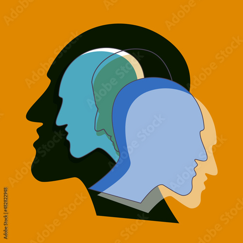 People prophile heads. Schizophrenia concept, symbol of depresion, dementia. Vector ilustration.