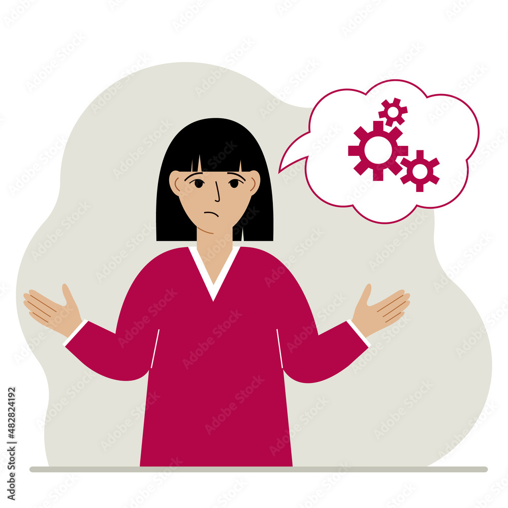Sad woman thinks, dreams with gears concept. Woman or businesswoman thinking about solving a problem. A balloon with the image of three gears