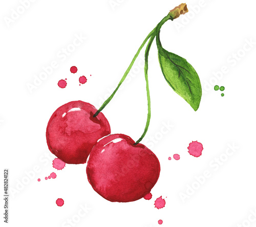 Canvas Fresh ripe sweet cherry watercolor illustration