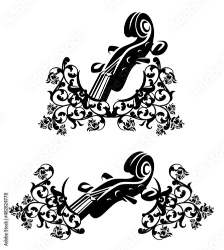 elegant violin neck and pegbox among rose flowers heraldic decor - classical music emblem black and white vector design set