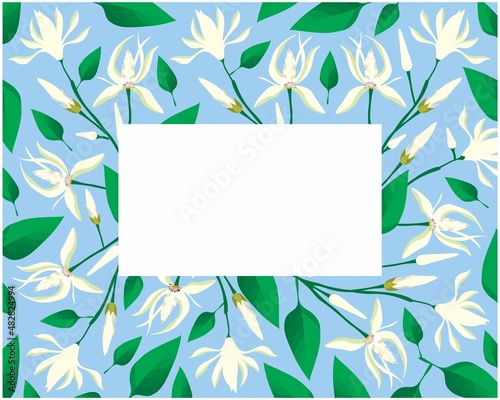 Beautiful Flower, Illustration Frame of White Michelia Alba or White Champaca Flowers with Green Leaves on Tree Branches.
