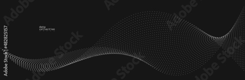 Grey dots in motion vector abstract background over black, particles array wavy flow, curve lines of points in movement, technology and science illustration.