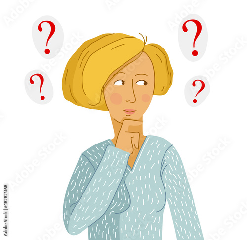Young woman thinking about question vector illustration isolated on white background, searching for answer, decision, help and assist.