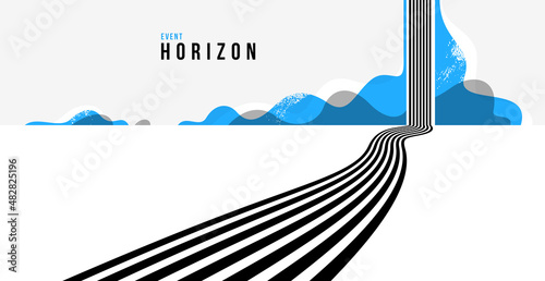 3D black and white lines in perspective with blue elements abstract vector background, linear perspective illustration op art, road to horizon.
