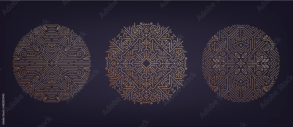 Vector set of art deco linear circles, round borders, decorative design templates. Creative template in classic retro style of 1920s. Use for packaging, advertising, as banner. - obrazy, fototapety, plakaty 