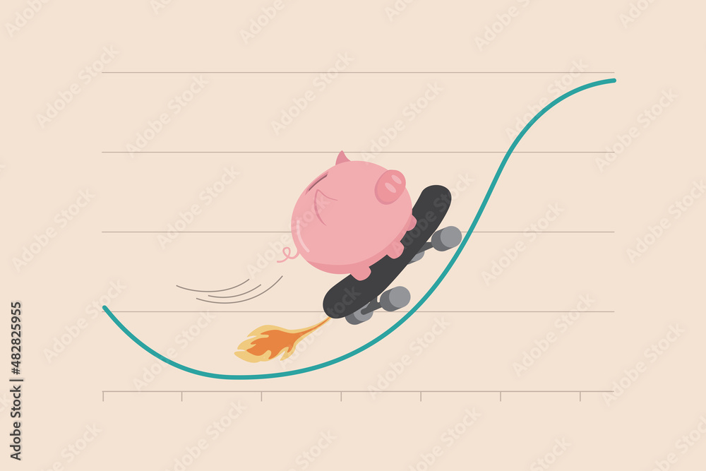 Φωτογραφία Stock market rebound, make profit from investment or growing wealth, get rich or financial success savings concept, happy pink piggy bank savings riding fast skateboard on investment rising up graph