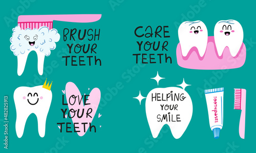 A collection of hand-drawn inscriptions about oral care. A set of stickers -brush your teeth, care your teeth, love your teeth, helping your smile. Unique elements of vector design.