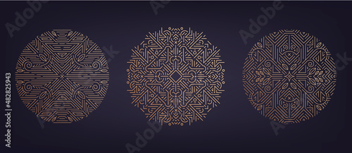 Vector set of art deco linear circles, round borders, decorative design templates. Creative template in classic retro style of 1920s. Use for packaging, advertising, as banner.