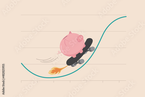 Stock market rebound, make profit from investment or growing wealth, get rich or financial success savings concept, happy pink piggy bank savings riding fast skateboard on investment rising up graph.