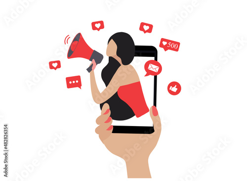 Beautiful woman shouting in loud speaker with social media icons. Influencer social media marketing, blogger, vlogging, social influencer and influencer marketing concept vector illustration photo