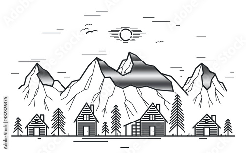 Rural village in mountains range linear vector illustration isolated on white, wooden houses in trees forest line art drawing, countryside log cabins cottages, travel in wilderness for rest.