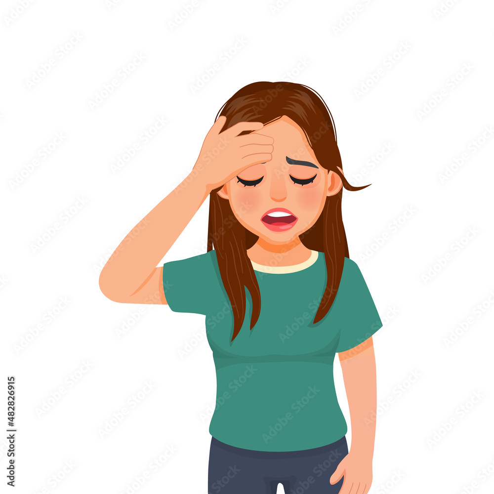 Depressed young woman holding her forehead feeling anxious, worried and disappointed about problems Depressed young woman holding her forehead feeling anxious, worried and disappointed about problems